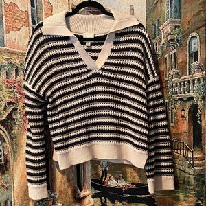 Nordstrom 💯 Cotton Johnny Collar Striped V-Neck Sweater